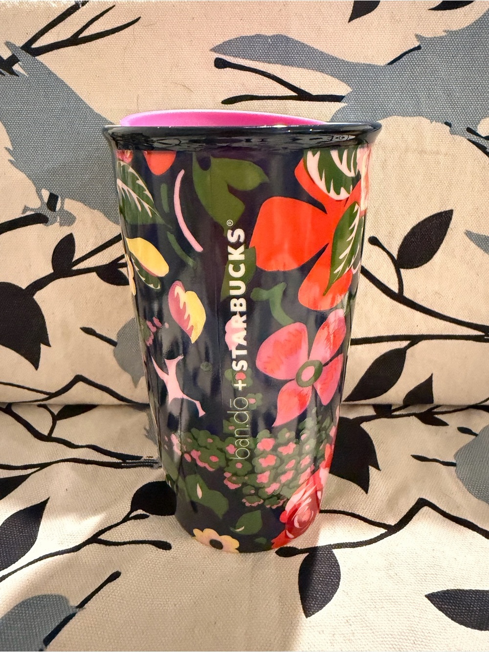 Starbucks Navy Floral Ceramic Tumbler with Pink Interior